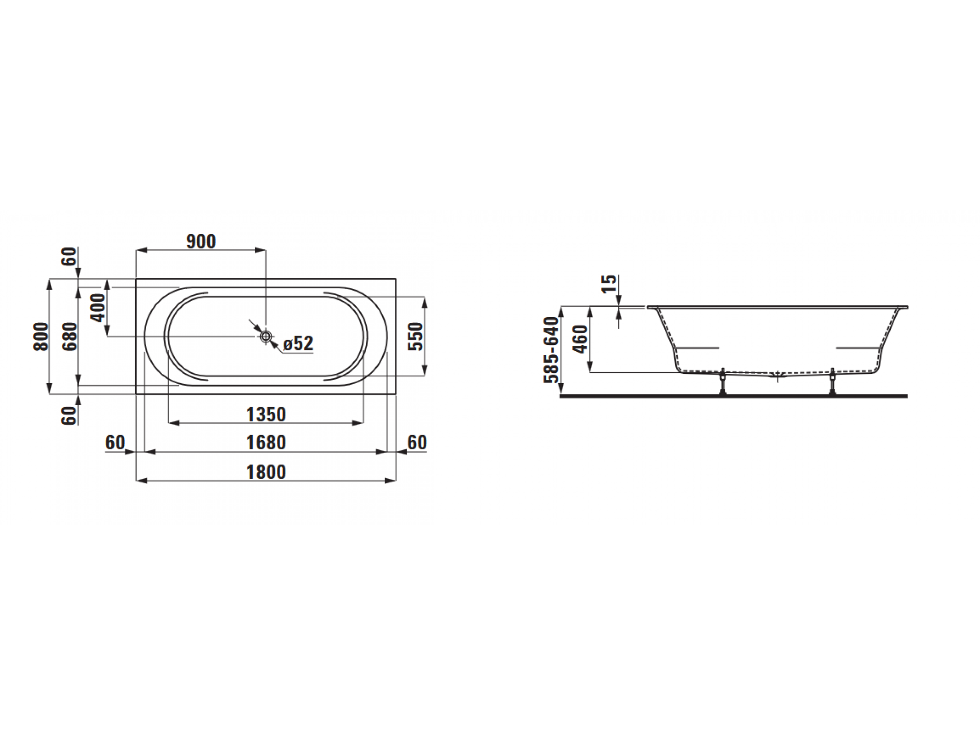 Cadă de baie încastrată din piatră artificială Laufen Pro 180x80 cm, alb H2409500000001